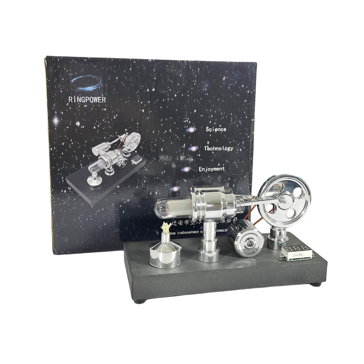 Pistondeco ™ Mirror polished Stirling engine with embedded voltmeter and USB plug