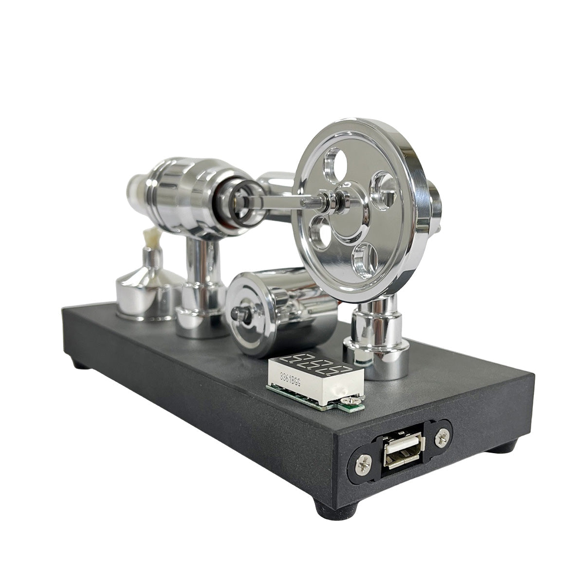 Pistondeco ™ Mirror polished Stirling engine with embedded voltmeter and USB plug