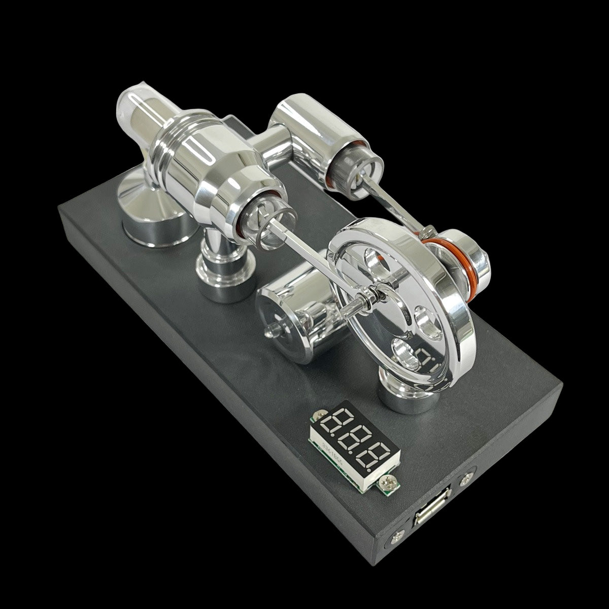 Pistondeco ™ Mirror polished Stirling engine with embedded voltmeter and USB plug
