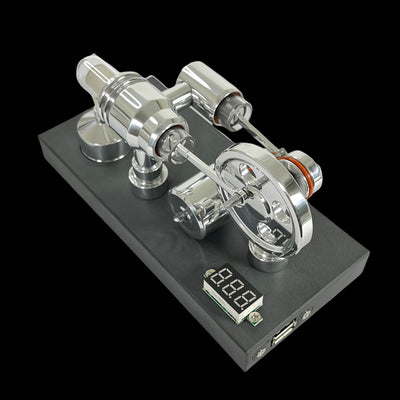 Pistondeco ™ Mirror polished Stirling engine with embedded voltmeter and USB plug