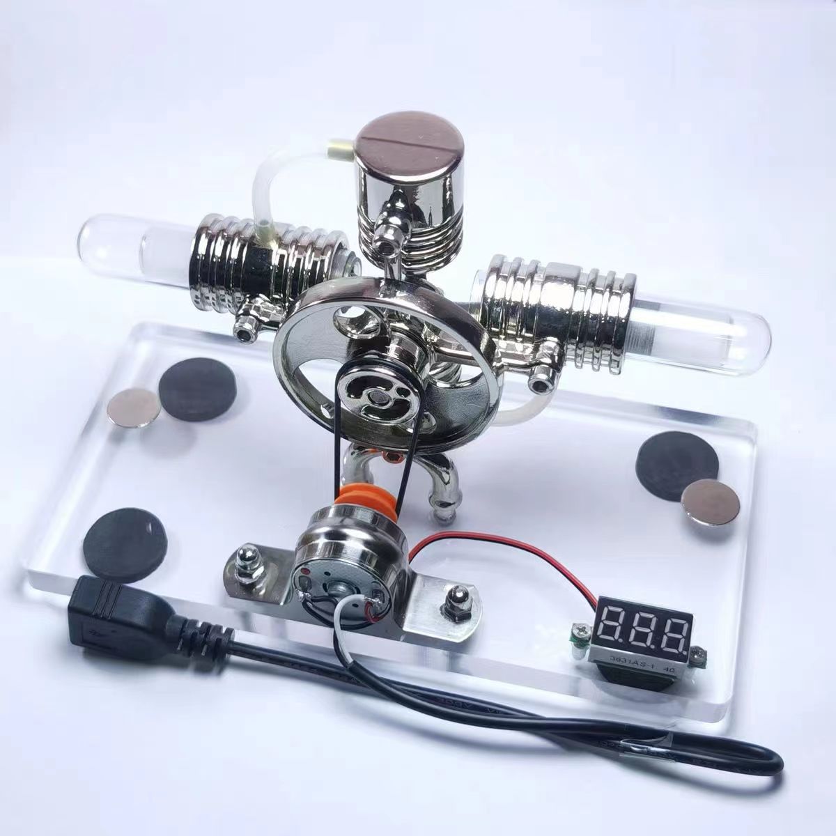 Pistondeco ™ Cross twin Stirling engine+power generation device+voltmeter+LED